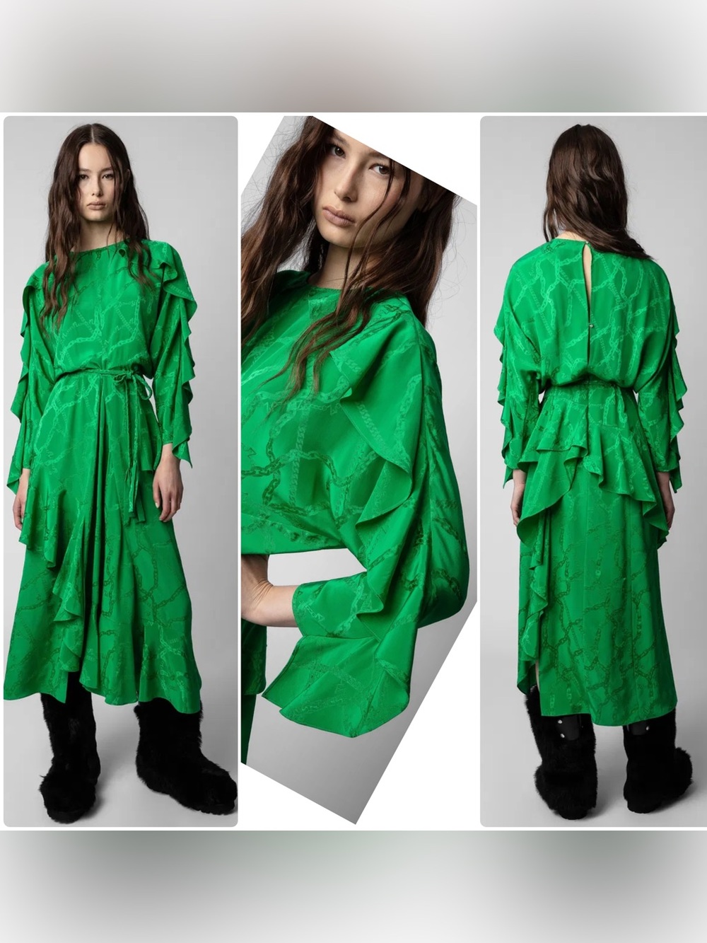 Zadig & Voltaire Ritana Jac Chaines 100% SILK Green Ruffle Maxi Dress NWT $1198 - Picture 5 of 10